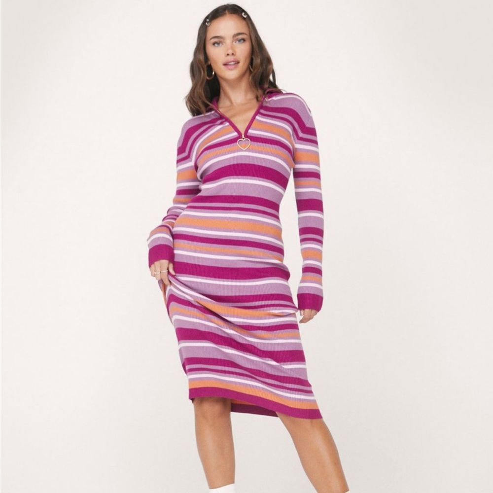 Knitted Stripe Heart Bodycon Sweater Midi Dress